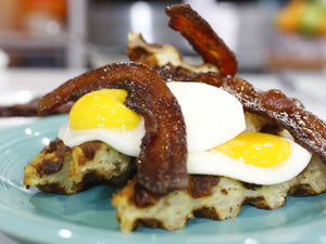 Hash Brown Waffle with Fried Egg and Candied Bacon | Lotus Grill