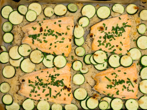 Sheet Pan Miso Lemon Salmon with Zucchini and Rice | Lotus Grill