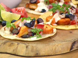 Fish Tacos with Red, White and Blueberry Salsa | Lotus Grill