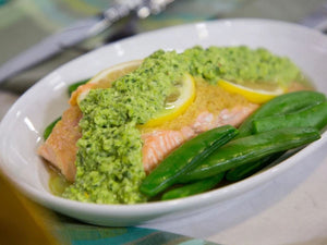 Grilled Foil-Packet Salmon with Snap Peas and Edamame Pesto | Charcoal HK
