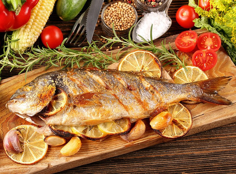 Grilled Fresh Fish with cherry tomatoes and romaine lettuce – Coba ...